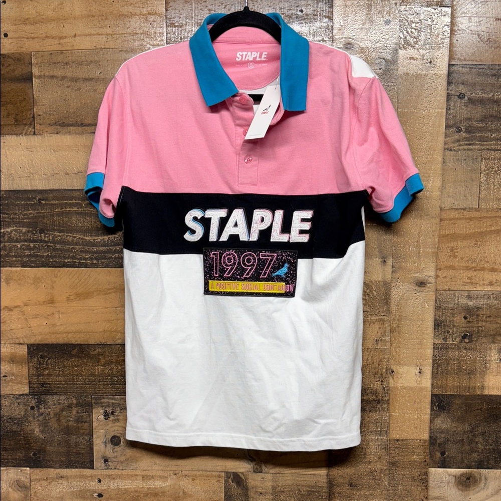 NWT Staple A Positive Social Contagion Pink, Black, and White Polo Shirt Men's S